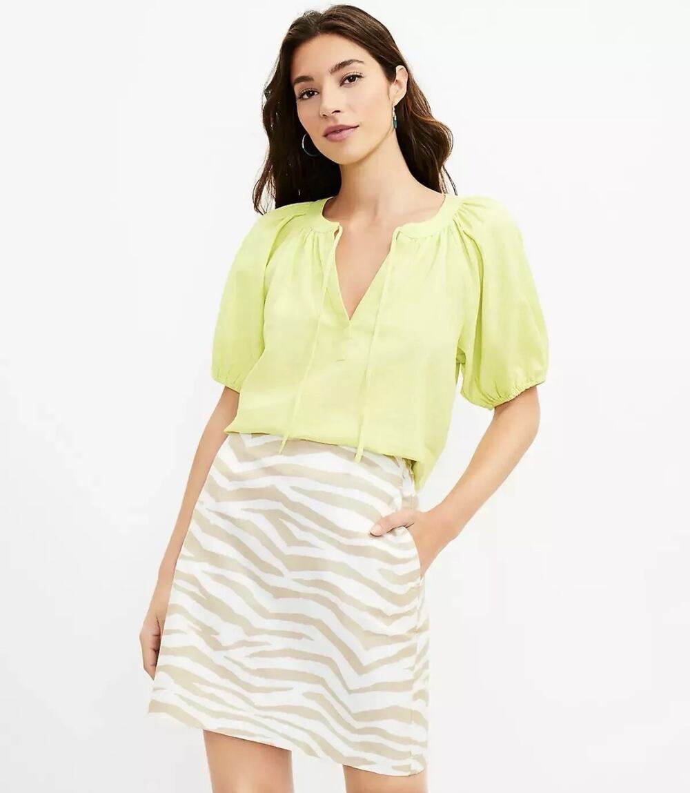 Loft Womens Size XL yellow Tie Neck Puff Sleeve Top Pullover Linen Blend